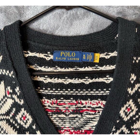 POLO RALPH LAUREN Black Snowflake Cotton-Cashmere Cardigan Sweater XL - Picture 2 of 5
